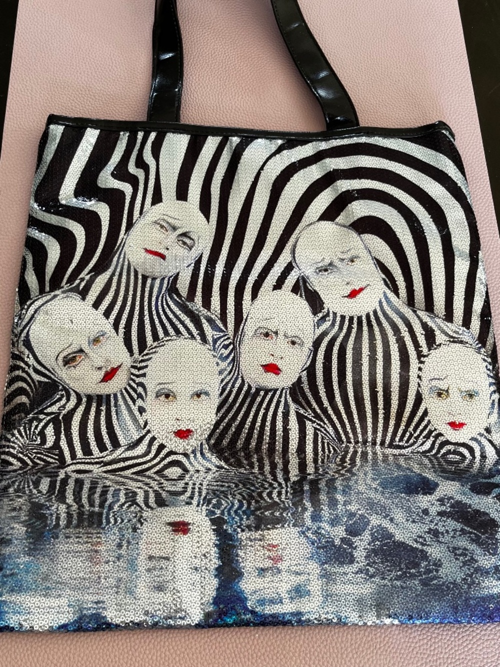 Cirque du Soleil Sequin Art Tote Bag | Black & White Abstract Faces Shoulder Pur